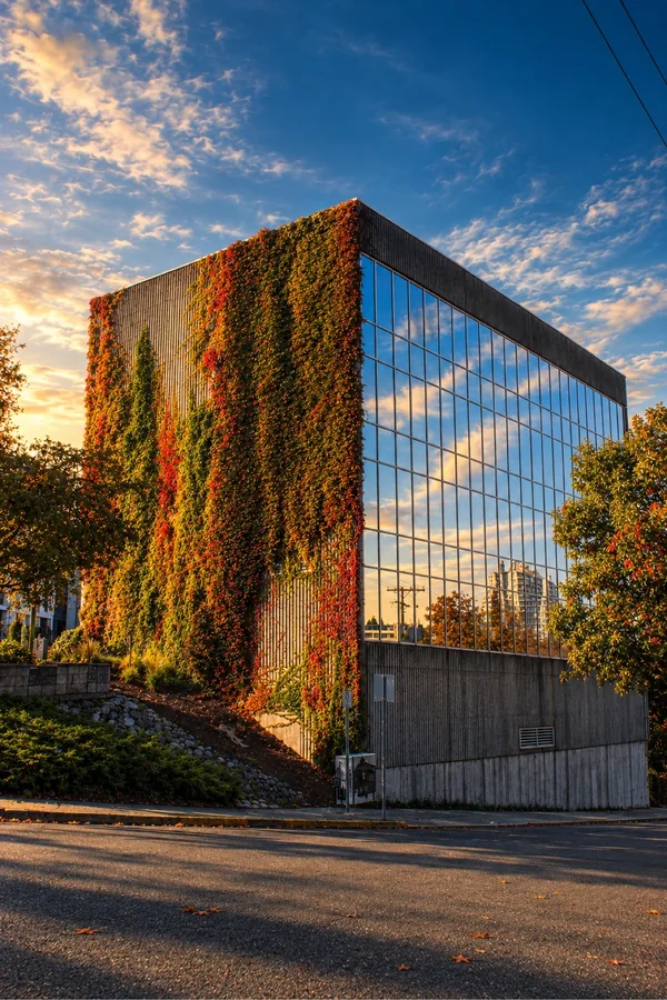 Modern glass building covered in red ivy at sunset