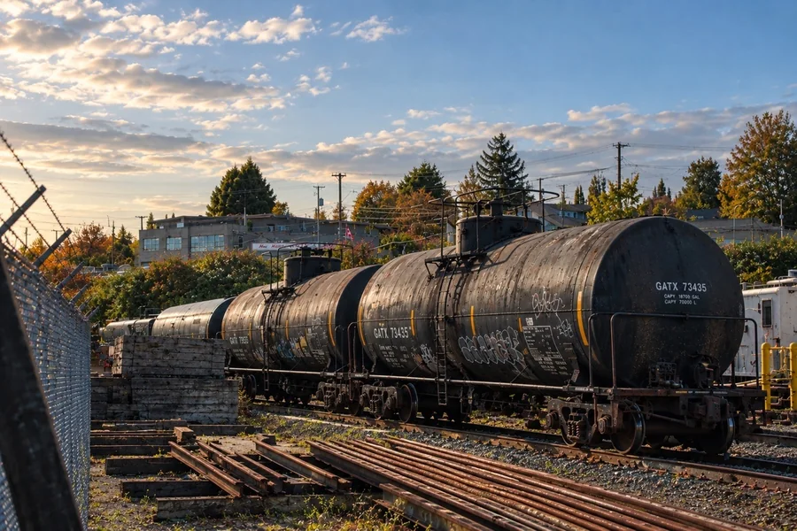 Black railway tanker cars beside stacked rails in warm evening light