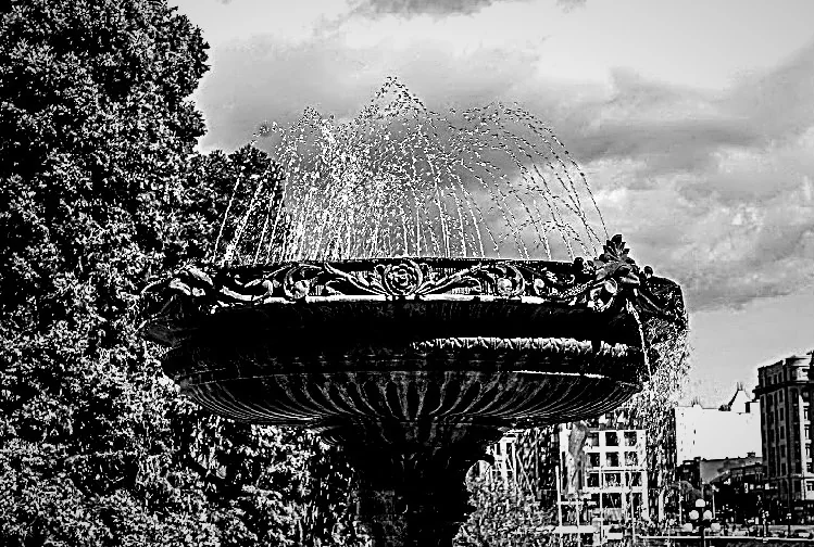Ornate fountain with water spray in black and white