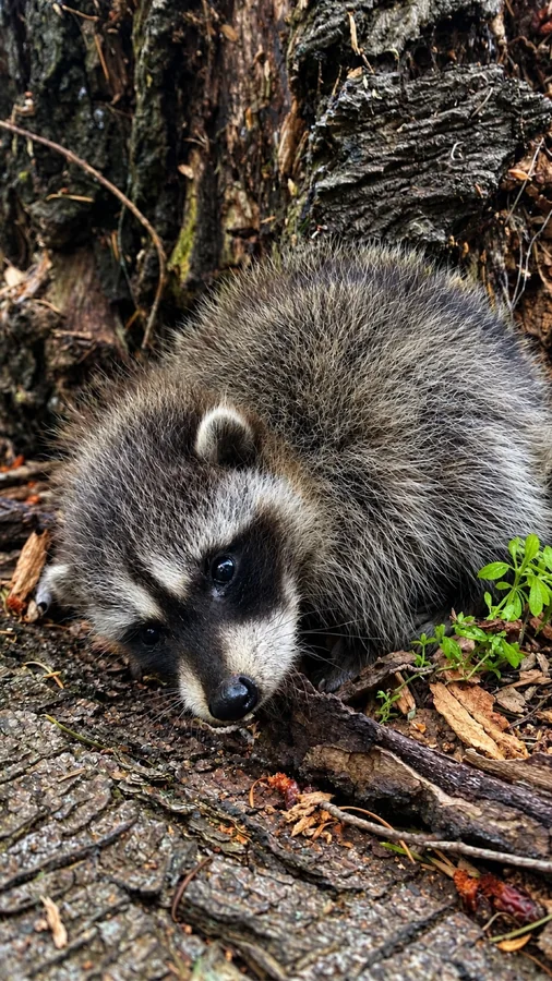 Raccoon looking out from the base of a tree