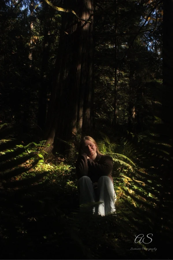 Young woman sitting small among tall dark trees